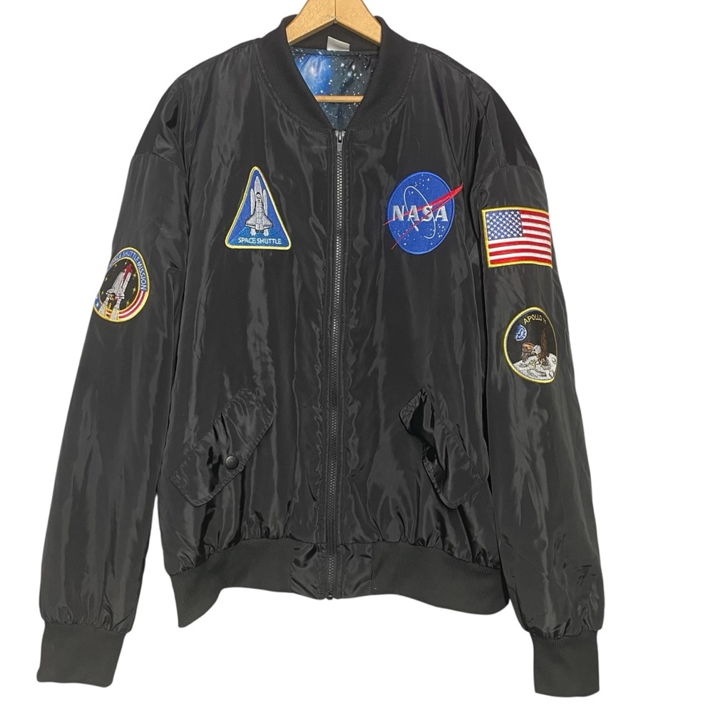 Spirit NASA Apollo 11 Bomber Jacket Patches Halloween Costume Black Mens Large L